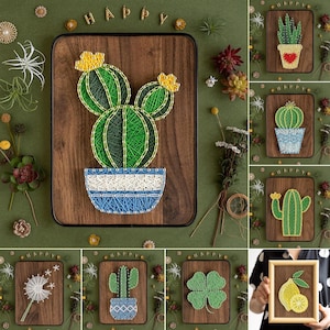 May include: Handmade string art pieces on wooden boards. Designs include cacti, a dandelion, and a four-leaf clover. The color scheme features green, blue, yellow, and white. The word "HAPPY" is spelled out with individual letters.