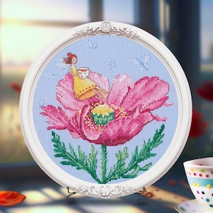 Tea for the Fairy - Cross-stitch Kit on Aida 14 count canvas. Fairy CrossStitch. Fairy on Flower Cross Stitch Pattern by RTO C373
