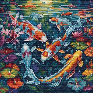 Koi Carps Aquarium Cross-stitch kit on Aida 16 count canvas. Japanese Fishes Cross Stitch Pattern Luca-s Pond Fishes BU5030L