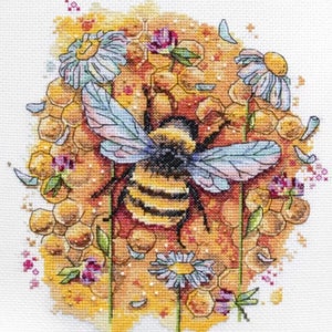 Bee with Flowers cross-stitch kit on Aida 14 count canvas. Monochrome little Insect. Motley grass Cross Stitch kit by Abris Art AH-086