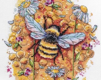 Bee with Flowers cross-stitch kit on Aida 14 count canvas. Monochrome little Insect. Motley grass Cross Stitch kit by Abris Art AH-086