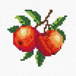 May include: Cross-stitch pattern of two ripe, orange apples with green leaves and a brown stem. The apples are rendered in a pixelated style, with varying shades of orange and red. The background is white.