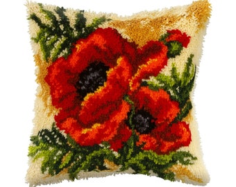 Latch Hook Cushion Kit. Poppy. Printed Tapestry canvas. Pillow with Flowers. by Orchidea 4087