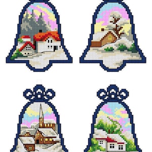Christmas Tree DIY - counted cross-stitch kit on the plastic canvas with 4 patterns - Christmas bells, Houses, bell Crafting Spark 152CS