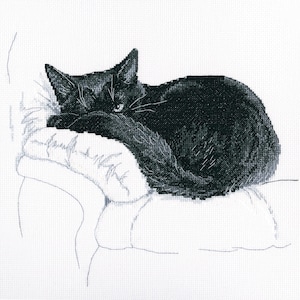 May include: A black cat curled up and sleeping on a white pillow. The cat is lying on its side with its head resting on the pillow. The cat's tail is curled around its body.