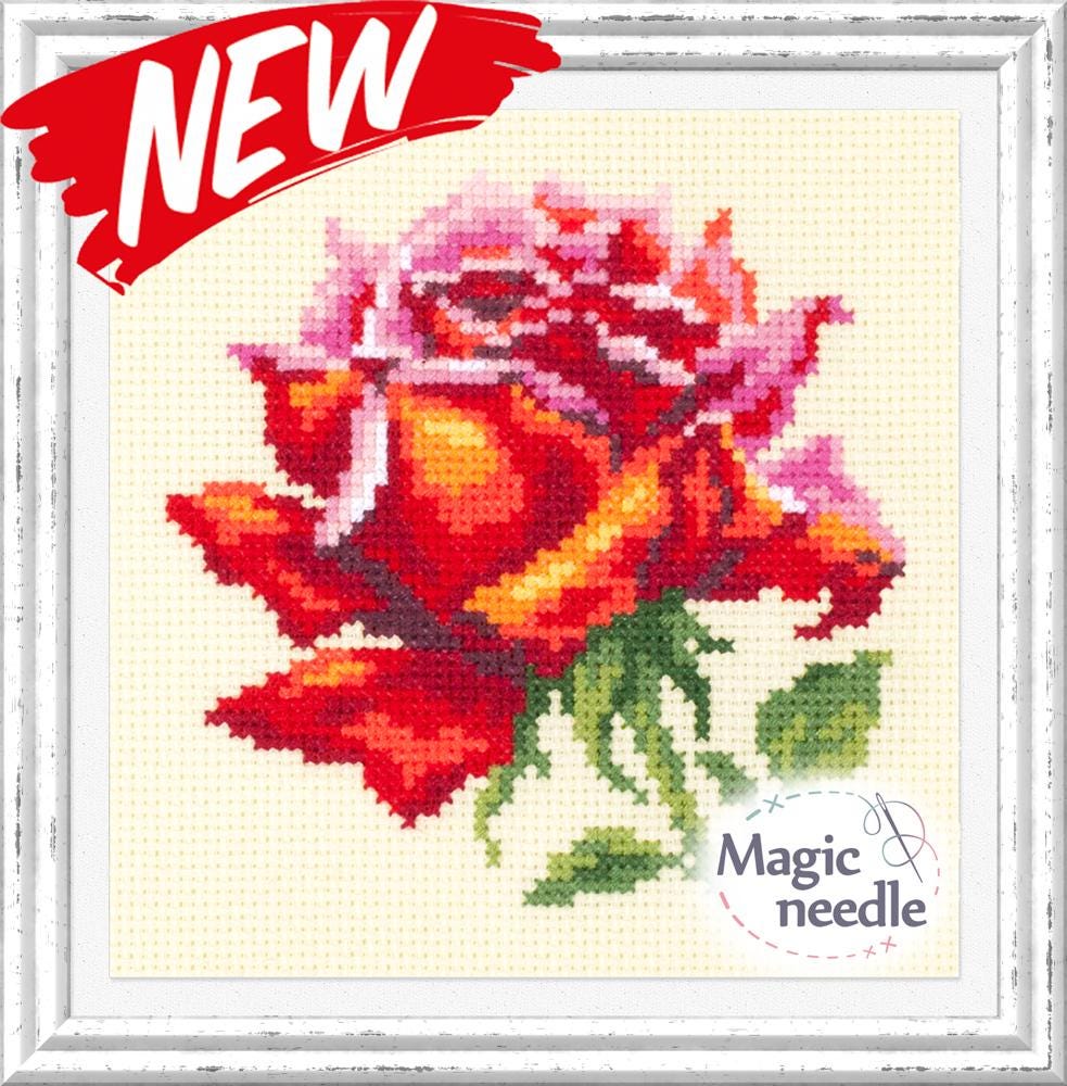 Counted Cross-stitch Kit - Red Rose. Pattern on Aida 14 Count Canvas ...