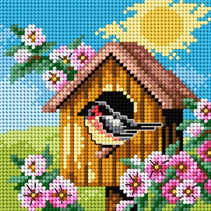 Bird House  Needlepoint Canvas for Half Stitch without Yarn. Four Seasons - Spring, Blooming Trees Printed Canvas. Orchidea 2303D