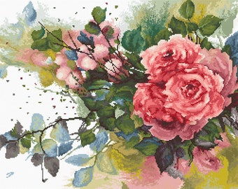 Aquarelle Red Roses cross-stitch kit on Aida 18 count canvas. Summer Flowers. Flowers Cross Stitch kit by Luca-s B2383L