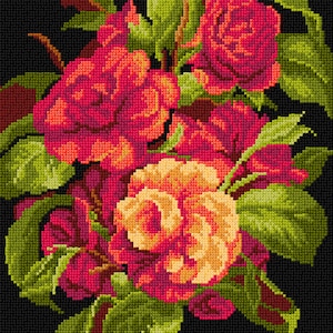May include: A cross-stitch embroidery design featuring a bouquet of red, orange, and yellow roses with green leaves on a black background.