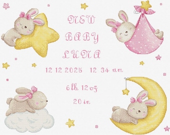 Counted Cross-Stitch Kit – Baby Girl Record. Personalized Birth Sampler with Moon, Bunny & Stars for Newborn by Letistitch L9943