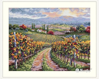 Vineyard Hill  - Counted Cross-Stitch Kit. Field Cross Stitch Pattern on Aida 16 Count Canvas. Cross Stitch by Merejka K-164