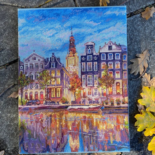 Amsterdam Landscape Cross Stitch kit. River Cross Stitch Pattern on Aida 16 count canvas. Cross Stitch by Merejka. K-232