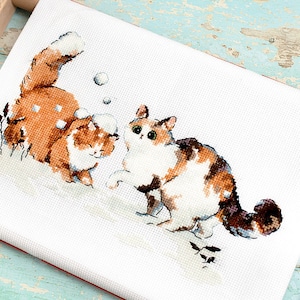 Winter Kittens Cross-stitch kit on Aida 16 count canvas. Relaxing Cat. Animal Cross Stitch kit by LetiStitch L8813