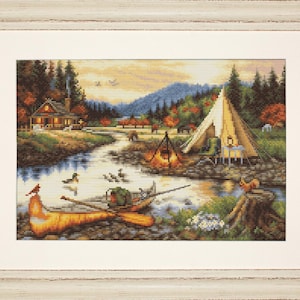Camping at River with Mountains cross-stitch kit on Aida 18 count canvas. Sunset with Balloons Cross Stitch kit by Luca-s BU5021L