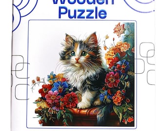 Cat with Flowers - Jigsaw Wooden Puzzle 11.61" x 11.61". 5A Challenger Difficulty Puzzle by Wizardi F07N9-15