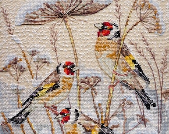 Cross-Stitch Kit – A Quiet Blizzard. Winter Birds with Snowy Nature Scene. Cross Stitching Pattern by Abris Art AH-263