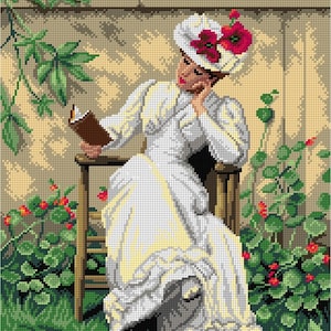 Needlepoint Canvas for Halfstitch Without Yarn Lady with a Book in the Garden. Gobelin Tapestry Canvas by Orchidea 3290M