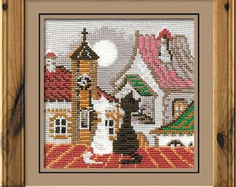City & Cats. Spring - Counted Cross-Stitch Kit. Cats on the Roof Cross Stitch Pattern. Embroidery kit for Beginners by Riolis R611