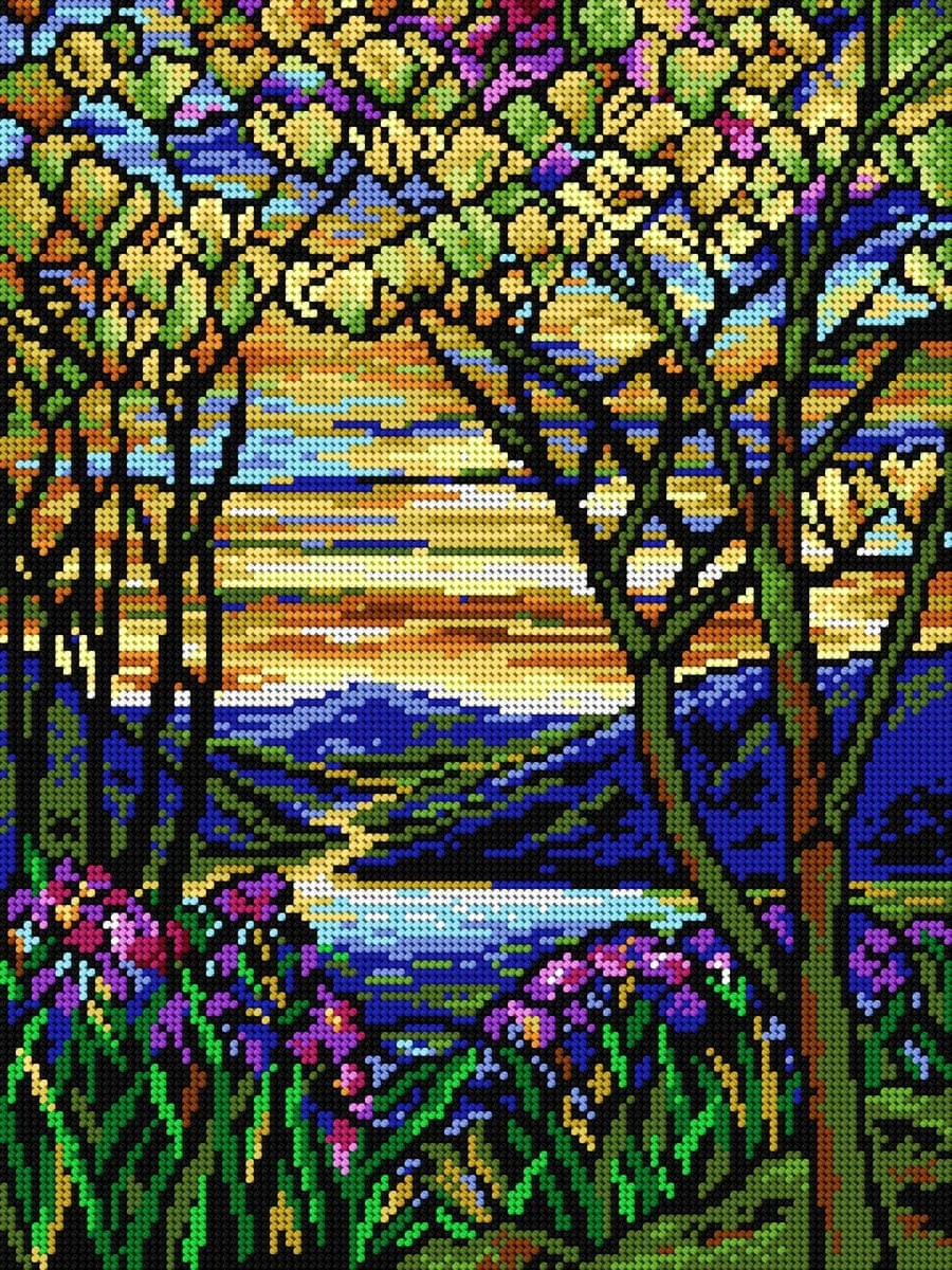 Iris and Flowering Magnolia. Needlepoint Canvas for Half Stitch