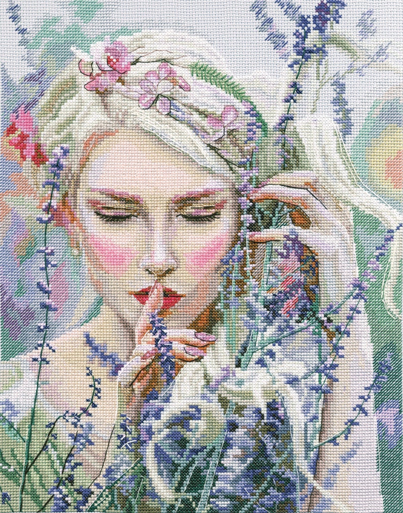 Girl With Flowers Crossstitch Kit on Aida 14 Count Canvas. Etsy