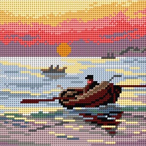May include: A diamond painting kit project featuring a pixelated landscape of a person rowing a small brown boat on water at sunset. The sky is composed of yellow, orange, and red hues, while the water reflects the light with blue and white tones.