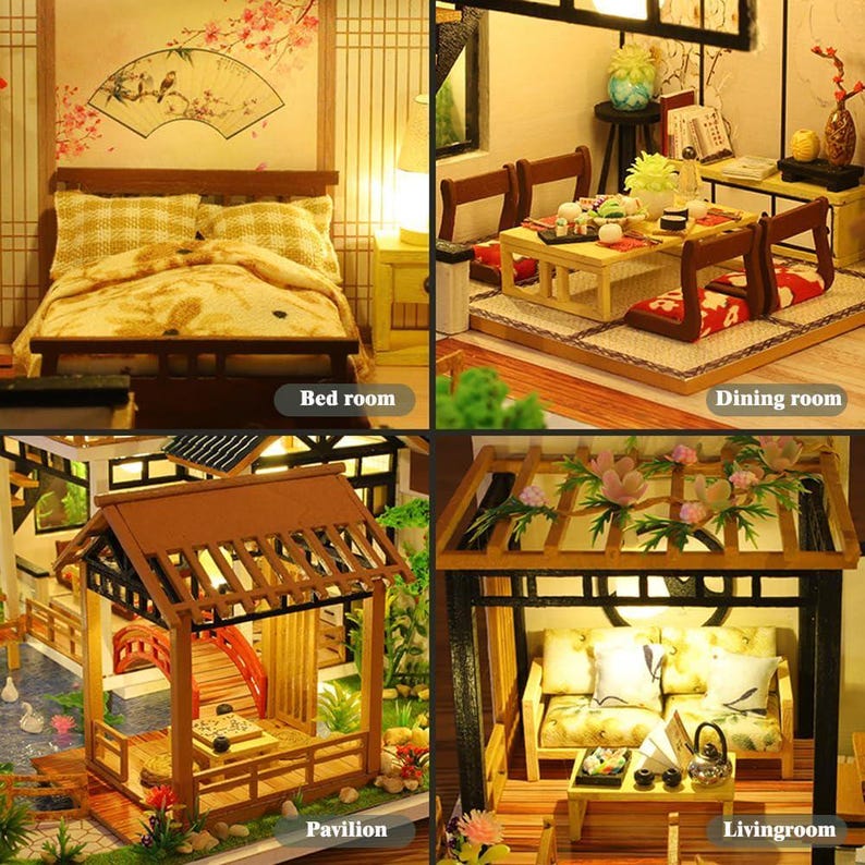 May include: A miniature dollhouse with a bedroom, dining room, living room, and pavilion. The dollhouse is made of wood and has a traditional Japanese style. The bedroom has a bed with a yellow and brown patterned comforter. The dining room has a table with chairs and a small rug. The living room has a couch with pillows and a coffee table. The pavilion has a wooden roof and a small pond.