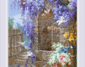 Counted Cross-Stitch Kit – Spring after E. Bidou's Painting. Terrace with Flowers and Arch Pattern. Garden Scene by Riolis R2279