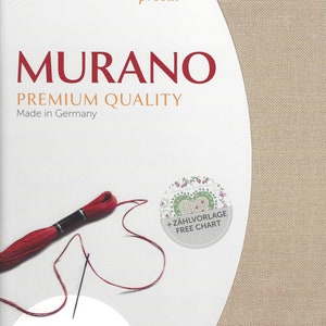 May include: Aida cloth for cross stitch, precut and labeled "Murano Premium Quality" made in Germany. The cloth is beige and has a 32 count, measuring 19 inches by 27 inches or 48 cm by 68 cm. A red embroidery floss and needle are shown on the cloth. A free chart is included.