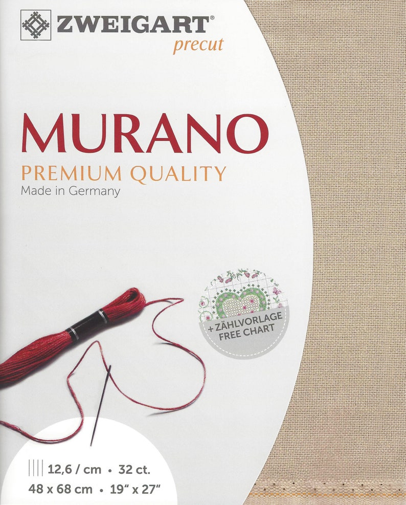May include: Aida cloth for cross stitch, precut and labeled "Murano Premium Quality" made in Germany. The cloth is beige and has a 32 count, measuring 19 inches by 27 inches or 48 cm by 68 cm. A red embroidery floss and needle are shown on the cloth. A free chart is included.