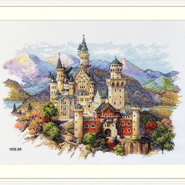 Castle Neuschwanstein cross-stitch kit on Aida 16 count canvas. Sunset Fairy Tale Castle Cross Stitch kit by Merejk K-201