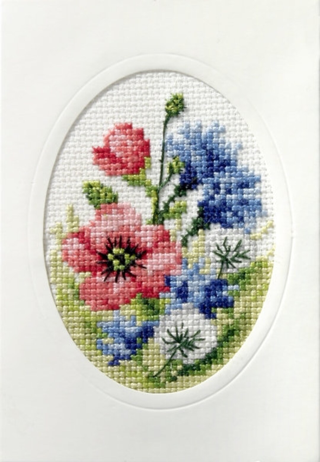 Red and Blue Flowers Cross Stitch Postcard for Gifts Cross