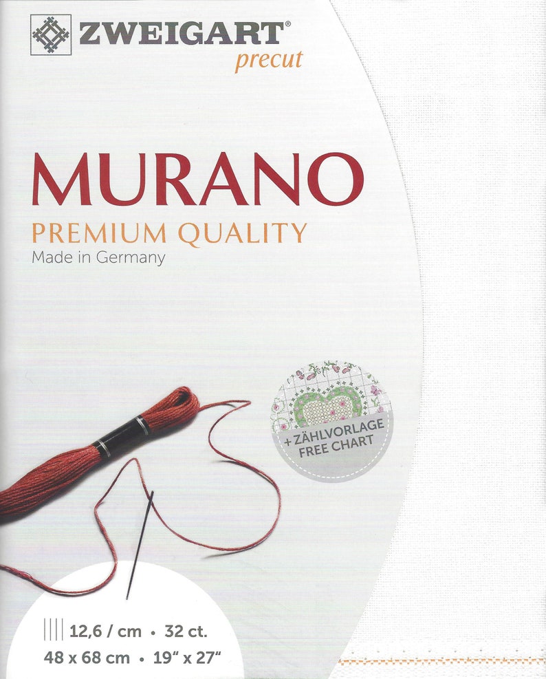 May include: White Aida cloth with a red thread and needle, a small circle with the text "Z&Auml;HLVORLAGE FREE CHART" and the text "MURANO PREMIUM QUALITY Made in Germany 12.6/cm. 32 ct. 48 x 68 cm 19" x 27"