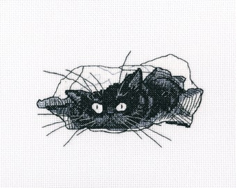 May include: Black and white cross-stitch of a cat peeking over a surface. The cat's eyes are wide and its whiskers are visible. The stitching is detailed, creating a textured effect. The background is white.