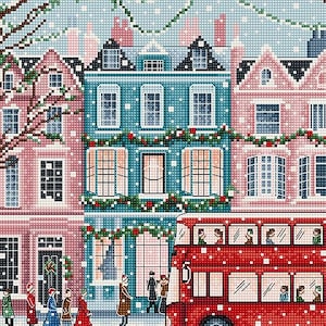 Cross-stitch kit on Aida 16 Count Canvas - London Snowfall. USA Shipping. Winter City Street Embroidery Pattern by LetiStitch L9919