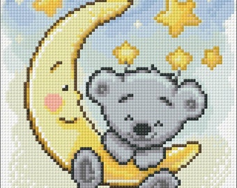 Teddy Bear with Moon Diamond painting set by Crafting Spark. Fantasy Diamond Art Beginner kit. Yellow Moon Diamond painting kit CS2475