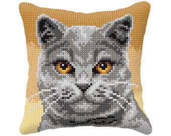 British Shorthair Cushion Cross Stitch Kit. DIY Pillow with Gray Cat by Orchidea 99070