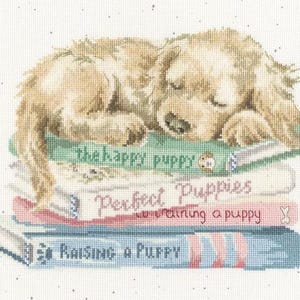 May include: Cross-stitch design of a sleeping puppy atop a stack of books. The books are titled "The Happy Puppy", "Perfect Puppies", "Training a Puppy", and "Raising a Puppy". The puppy is light brown and the books are pastel colors.