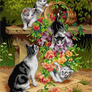 Kittens with Roses.  Carl Reichert Needlepoint Canvas for Half Stitch without Yarn. Printed Tapestry Canvas Cat with Flowers. Orchidea 3285M