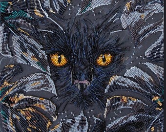 Bead Embroidery Kit - Lurking. Black Cat with Golden Eyes, Beaded Stitching on Dark Leaves Background by Abris Art AB-937
