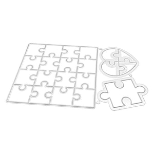 May include: A white metal cutting die set featuring a square grid of sixteen interlocking puzzle pieces, a heart-shaped frame containing four puzzle segments, and a single large puzzle piece outline with a thick border for crafting projects.