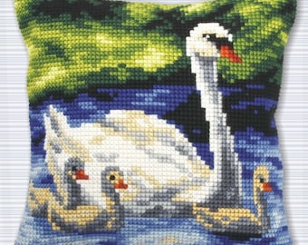 Needlepoint Cushion Kit. Swan Printed Tapestry Half stitch kit. Pillow with Lake. Cross Stitch kit by Orchidea 9267