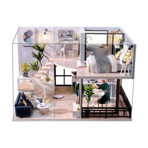Miniature Wizardi Roombox Kit - House on the Riviera. DIY Home Decor Dollhouse Kit with Furniture and LED Light. Gifts Idea F07M5-2-L-032-A