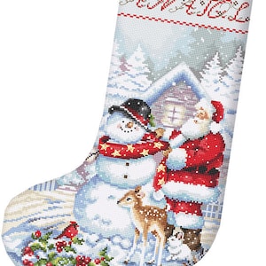 May include: A Christmas stocking with a snowy winter scene featuring Santa Claus, a snowman, a deer, and a rabbit. The stocking is decorated with the word "Joy" in red and white.