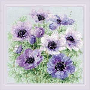 Purple Anemones - Counted Cross-Stitch Kit. Purple Flowers Cross Stitch. Flower Embroidery Pattern. Needlecraft kit by Riolis R2176