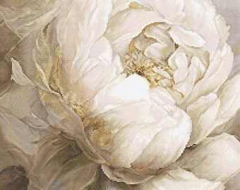 Peony Poses - Counted Cross Stitch Kit on Aida 16 Count Canvas. White Flower Cross Stitch Pattern by Wizardi L8083