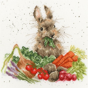 Rabbit with Vegetables. Meadow counted cross-stitch kit on Aida 14 count canvas. Village Animal cross stitch kit. Bunny Bothy Threads XHD52