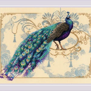 May include: A peacock with a blue and green tail feathers stands on a branch with a decorative background. The peacock has a blue head and neck and a brown body.