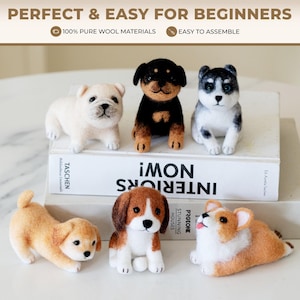 May include: A collection of six felted dog figurines in various breeds, including a bulldog, Rottweiler, and husky. The dogs are made from 100% pure wool and are easy to assemble. The text in the image reads "PERFECT & EASY FOR BEGINNERS".