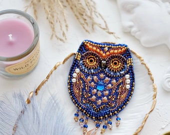 Kit de bisutería DIY Blue Owl. Kit para crear joyas hechas a mano. Kit de bordado con cuentas de Abris Art AD-045