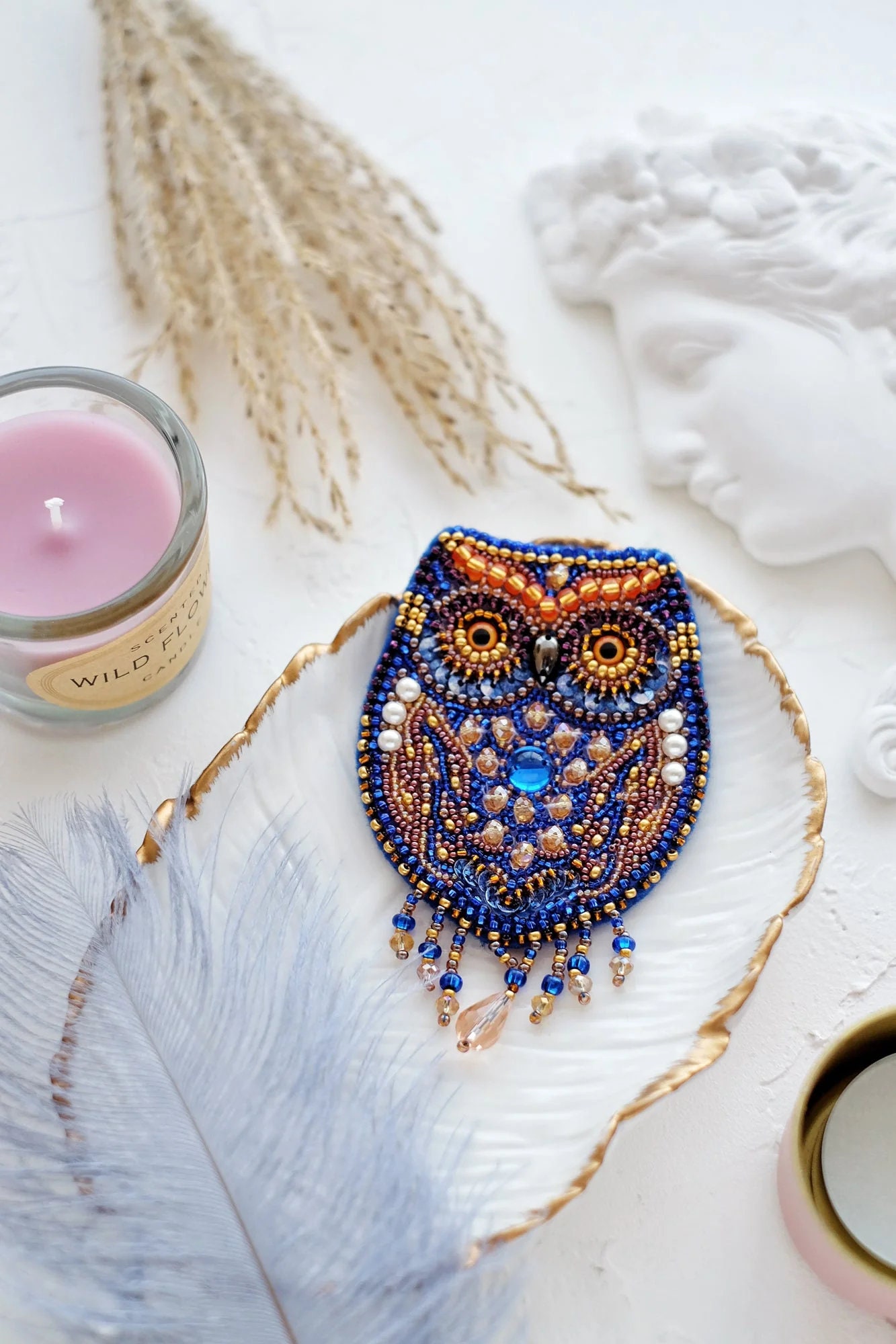 Blue Owl DIY Beading Kit. Handmade Jewelry Making Kit. Bead Embroidery Kit by Abris Art AD-045